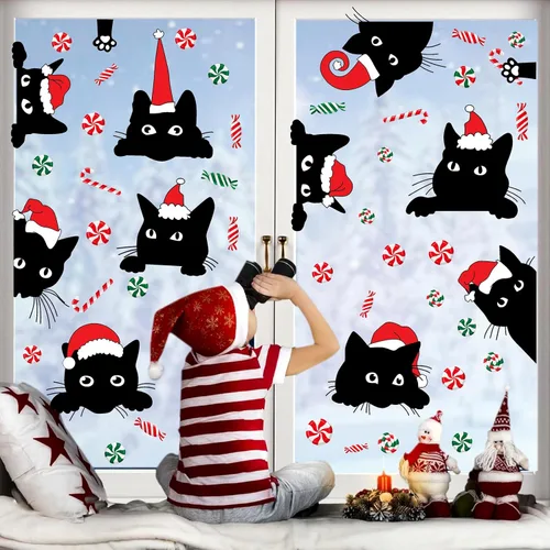 Adhesivos de ventana de Navidad para ventana de Navidad, gato negro y menta, calcomanías de pared para decoración de ventanas de tienda de vidrio,