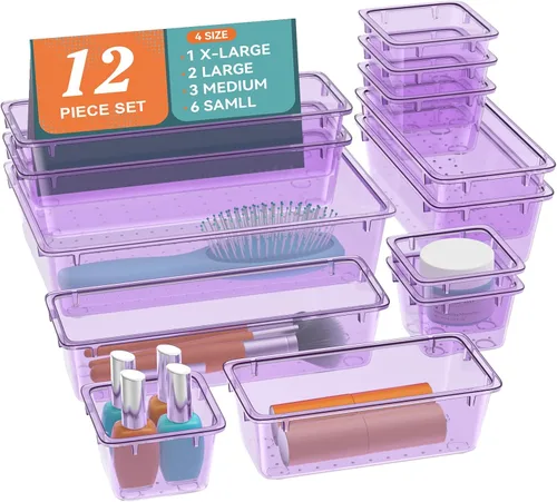 Miniatura 16 de ElegantArray Juego de organizador de cajones de 12 piezas, 4 tamaños, organizador de tocador de plástico versátil para maquillaje, papelería, Negro