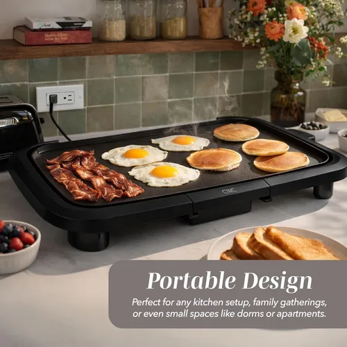Miniatura 3 de COOK WITH COLOR Plancha eléctrica de 1200 W, superficie antiadherente para panqueques, hamburguesas, huevos y más, control de temperatura extraíble