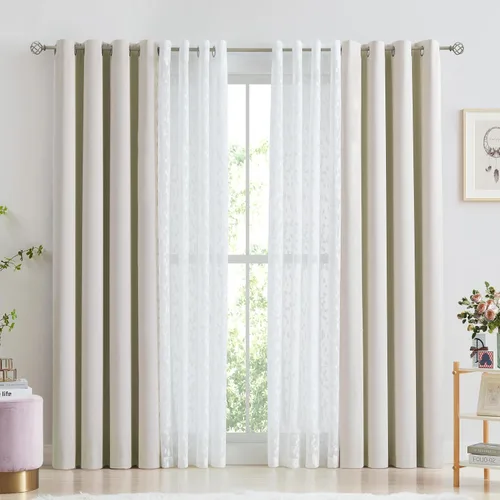 Miniatura 3 de Jubilantex Cortinas opacas completas + paneles de ventana transparentes con hojas, juego de tratamiento de ventana de doble capa estilo mezcla