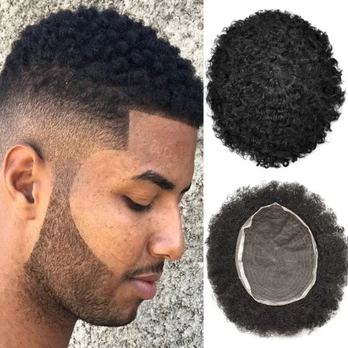 Miniatura 9 de Afro Toupee para hombres negros, afro americano rizado para hombre, tupé completo con base de encaje francés, unidad de cabello humano, peluca