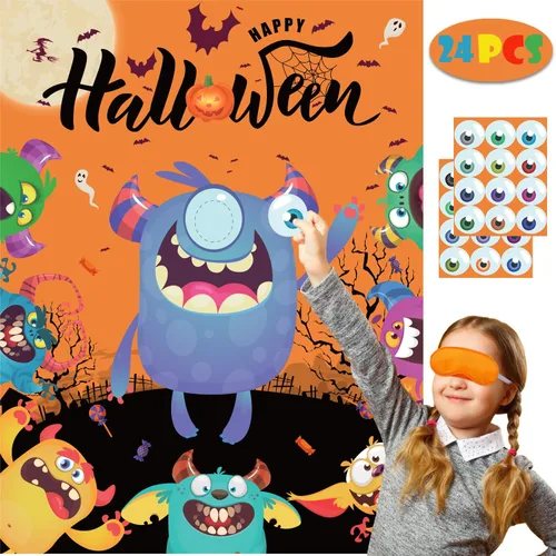 Juegos de fiesta de Halloween, Pin Eye on The Monster Game Reutilizable, Pin The Monster Halloween Party Favor Suministros para niños y niñas
