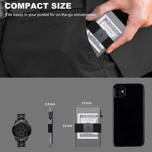 Miniatura 41 de Cartera delgada de aluminio para hombre, placa trasera expandible duradera, bloqueo RFID, billetera desplegable de metal minimalista, con capacidad