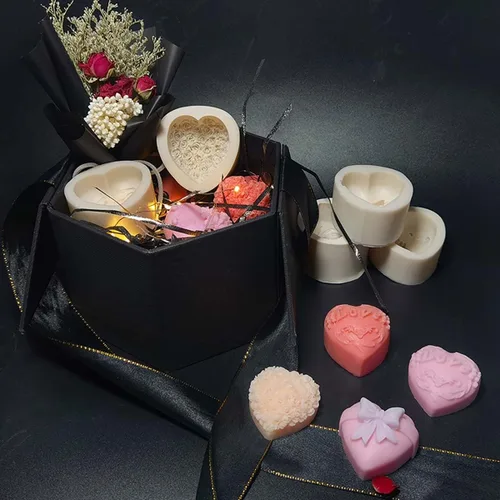 Miniatura 7 de Paquete de 4 moldes de silicona en forma de corazón de resina con flores de rosa para vela, pastel, jabón, caramelo - Forma redonda XQ-Heart-4-Pack