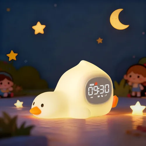 Miniatura 10 de Reloj despertador de conejo con luz nocturna para niños con entrenamiento del sueño y máquina de sonido, lámpara de silicona recargable