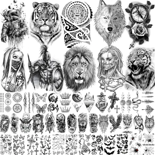 49 hojas de tatuajes temporales tribales negros para mujeres, hombres, adultos, brazo, cuerpo, de larga duración, lobo maorí, tigre, león, guerrero