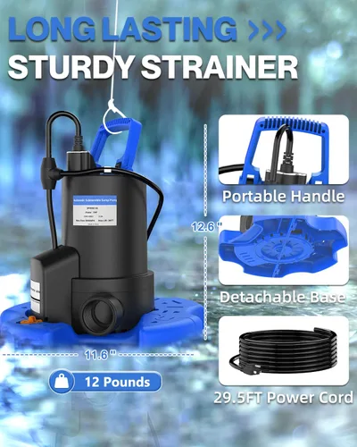 Miniatura 6 de Bomba automática de cubierta de piscina, bomba de agua sumergible de 1 HP 5000 GPH con válvula de retención y 3 adaptadores, cable de 29.5 pies