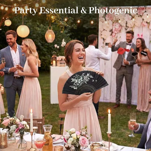 Miniatura 2 de JOHOUSE Abanico de mano plegable de tela negra con borla y funda – Elegante abanico plegable de mano para mujeres, abanicos de boda para invitados