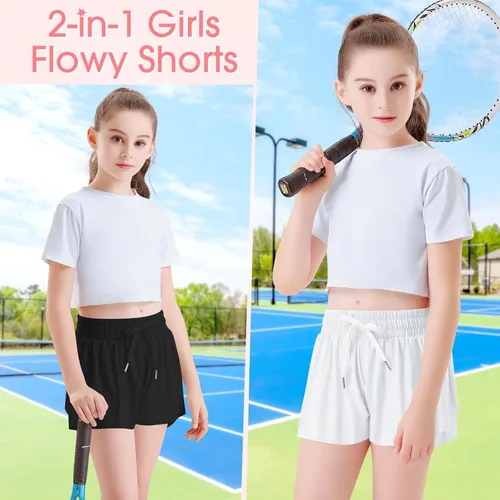 Miniatura 3 de 2 Packs Girls Athletic Butterfly Shorts Flowy Shorts for Kids with Pocket 2-in-1 Tennis Running Shorts for Active Workout