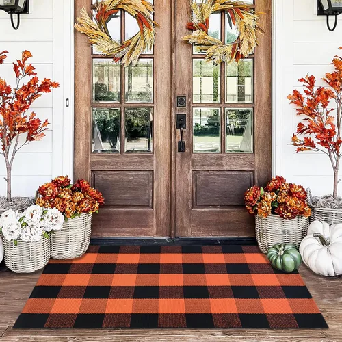 Miniatura 19 de Alfombra a Cuadros Naranja y Negra, 3 x 5 Pies, Alfombra Decorativa de Otoño para Puerta Delantera al Aire Libre, Alfombra de Algodón Lavable Tejida