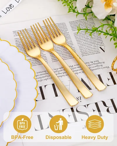 Miniatura 9 de YOUBET 50 tenedores de plástico dorado – Tenedores de plástico resistentes – cubiertos desechables dorados sólidos y duraderos para fiestas, picnic