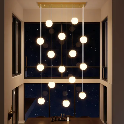 Miniatura 31 de ykolupty Escalera LED de 10 luces LED moderna con globo de cristal, lámpara colgante grande para techos altos, accesorios de iluminación de entrada