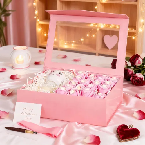Miniatura 2 de PACKQUEEN Caja de regalo grande rosa con ventana, 13.5x9x4.1 pulgadas, caja de regalo transparente para el Día de la Madre con cinta, tarjeta