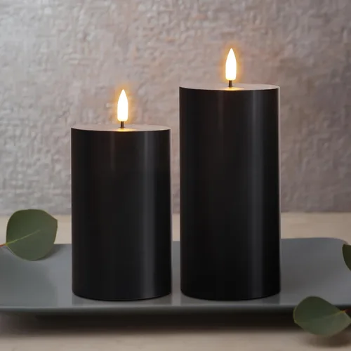 Miniatura 8 de Velas de pilar sin llama negras con control remoto, velas LED parpadeantes de cera que funcionan con pilas, juego de 3 Negro
