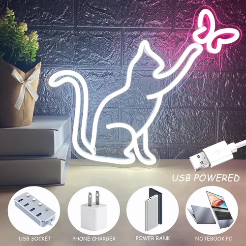 Miniatura 6 de Señales de neón de gato, señal de neón LED de gato y mariposa para decoración de pared, lindas luces de neón de gato, señal de luz de neón de arte