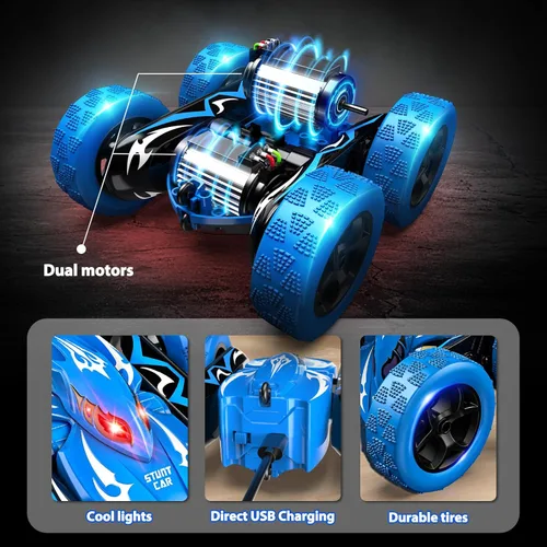 Miniatura 6 de Excitobo Coche de Control Remoto, Coches RC para Niños de 4, 5, 6, 7, 8, 9, 10, 11, 12 Años, Coche RC de Derrape 4WD Recargable con Doble Cara y Azul