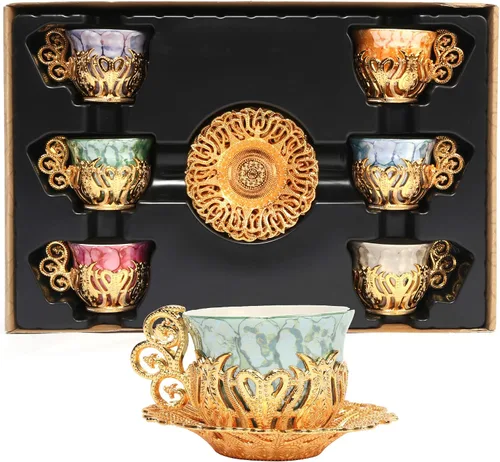Alisveristime Juego de 12 tazas de café turco griego árabe café expreso taza platillo de porcelana (dorado)