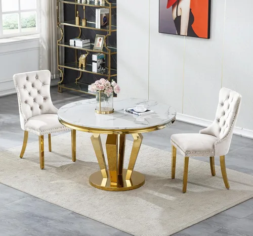 Miniatura 22 de Henf Juego de mesa de comedor redonda de mármol para 6, moderna mesa de comedor de 45 pulgadas con base de acero inoxidable con diseño de diamante