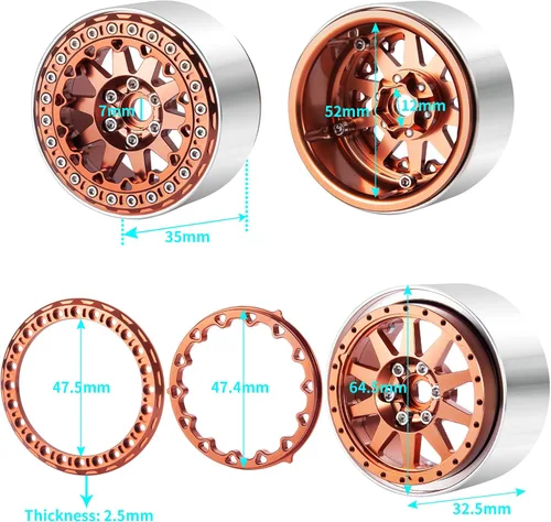Miniatura 2 de Juego de 4 cubos de rueda de metal Beadlock de 2.2 pulgadas para Axial Wraith SCX10 90048 RR10 TRX4 D90 RC Crawler Car (marrón)