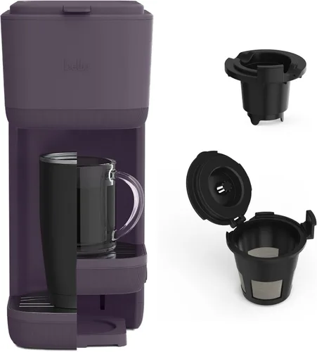 BELLA Cafetera de una sola porción, cápsulas K y café molido compatible con bandeja de goteo extraíble y ajustable, apagado automático y accesorios