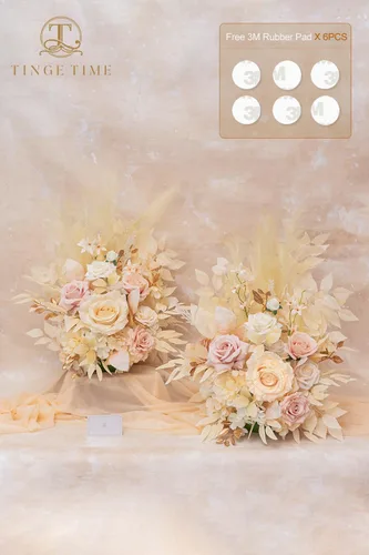 Miniatura 9 de TINGE TIME Juego de 2 flores artificiales de pie, centro de mesa con almohadilla de goma, flor falsa de seda para centro de mesa de boda, arco