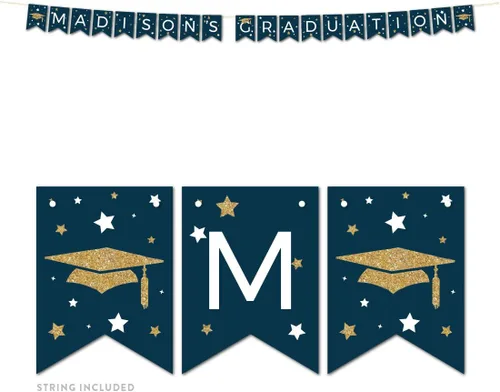 Andaz Press Colección de fiesta de graduación azul marino y dorado, banderín colgante personalizado con cuerda, graduación de Madison, 5 pies, 1