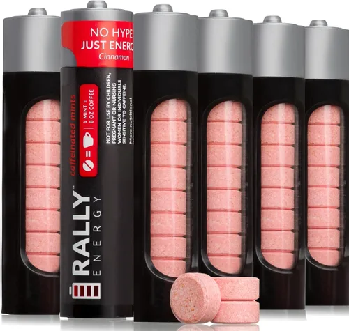 Mentas de cafeína de Rally, 60 miligramos de cafeína, energía instantánea, mentas con cafeína de aliento fresco, 0 azúcar, sabor a canela (6