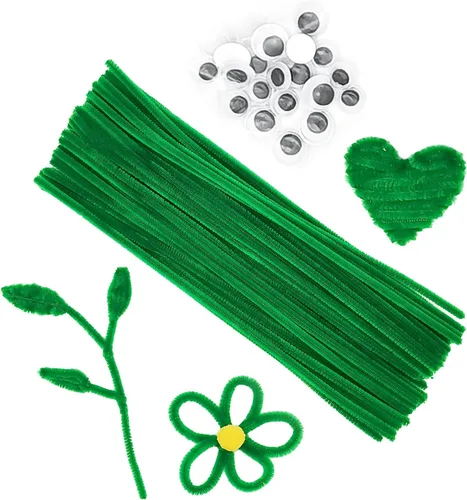 Cldamecy 100 limpiadores de tuberías de color verde con 20 ojos meneantes, tallos de felpilla para artes y manualidades, proyectos de bricolaje y