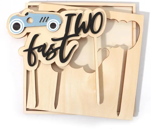Miniatura 6 de Decoración para tarta de cumpleaños de dos días rápidos, decoración de madera para tartas de coche de carreras, decoración de segundo cumpleaños