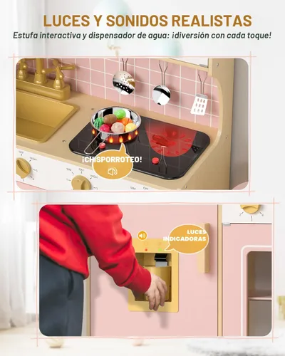 Miniatura 3 de Babytronic Juego de cocina de madera para niños - Cocina de juego rosa con luces y sonidos, cocina de juguete estilo retro para niños pequeños de 3