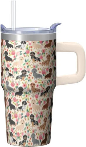 Dachshund - Vaso de viaje aislado de acero inoxidable de 20 onzas con asa y pajilla, regalo para mujer, para el Día de la Madre, a prueba de fugas y