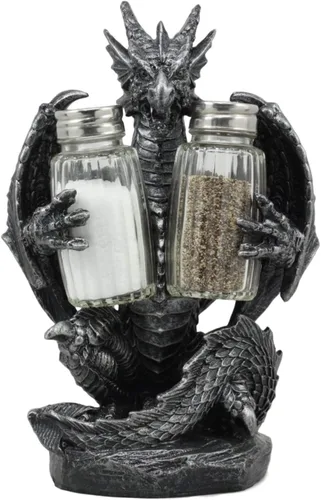 Ebros Gift Juego de salero y pimentero gótico medieval, color negro, semimetálico, negro, estatua de 7.75 pulgadas de alto, figura de dragón de