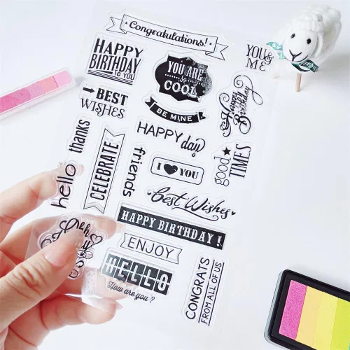 Miniatura 3 de Sellos transparentes de palabras de bendición, diseño de banderines de palabras de felicitación, sellos transparentes de goma de silicona