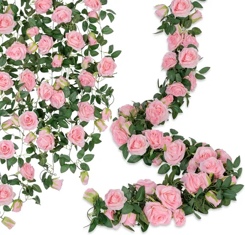 U'Artlines Paquete de 5 guirnaldas florales de vid de rosas artificiales de color rosa en total de 32.5 pies, guirnalda de flores de seda de vid