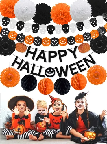 Miniatura 6 de Decoraciones de fiesta de Halloween, pancarta de calabaza naranja con purpurina negra todo en uno para fiesta temática de Halloween, kit