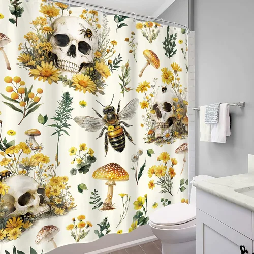 Miniatura 4 de Cortina de ducha gótica con calavera, 60 pulgadas de ancho x 72 pulgadas de alto, estilo rústico boho, con hongos amarillos, flores, abejas