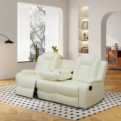 Miniatura 24 de Juego de sofá reclinable eléctrico, sofá reclinable de cuero de aire con LED/portavasos/almacenamiento, 2 muebles de sala de estar, sofá de cuero
