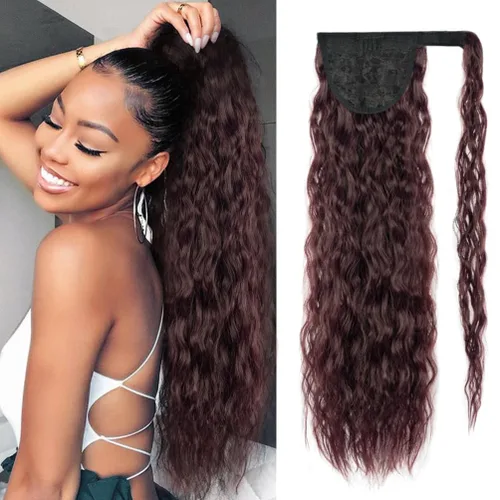 Miniatura 9 de rosmile Extensión de cola de caballo con ondas de maíz, alrededor de 26 pulgadas de largo, rizada, ondulada, extensión de cola de caballo sintética
