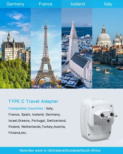 Miniatura 3 de VINTAR - Paquete de 2 adaptadores de enchufe de viaje europeo, enchufe internacional plegable con 2 salidas de CA, 3 puertos USB (2 USB C), cargador
