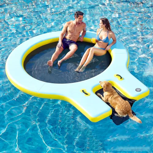 Miniatura 24 de 6-12FT Round Inflatable Floating Dock, Sunchill Float Ring, Water Hammock Tanning Pool Floats with Woven Fabric, Manual Pump for Quick Azul