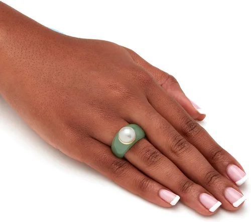 Miniatura 4 de Anillo redondo de oro amarillo de 10 quilates con perlas cultivadas de agua dulce (0.433 in) y jade verde