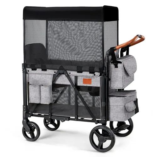 Miniatura 10 de ZTDM - Cochecito estilo carrito para 2 niños, asiento alto y arnés de 5 puntos, carrito todoterreno plegable para niño pequeño con toldo