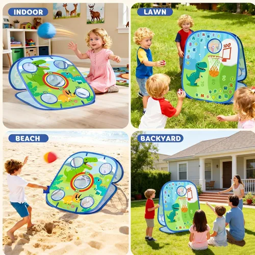 Miniatura 3 de Juego de juegos de cornhole de dinosaurio para niños, juego de lanzamiento de bolsas de frijoles 6 en 1, tablero de dardos de baloncesto