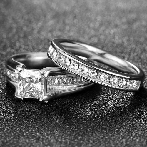 Miniatura 6 de Anillo de acero inoxidable de corte princesa, anillo de boda, compromiso, aniversario, propuesta, eternidad, halo
