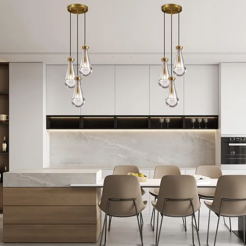 Miniatura 9 de Lámpara colgante de latón de 3 luces para isla de cocina, lámpara colgante de racimo de lluvia, lámpara de techo de cristal con cuerda ajustable