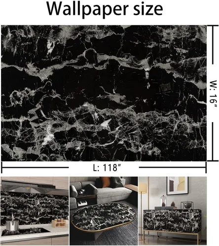 Miniatura 7 de BAYYA Papel tapiz de mármol blanco y negro, papel de contacto de granito oscuro, brillante, grueso, 16 x 118 pulgadas, película decorativa de vinilo