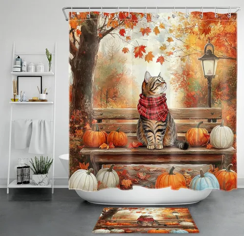 Miniatura 35 de HVEST Cortina de ducha de Halloween, linterna de calabaza y gnomo, cortina de ducha de baño, cortina de ducha de murciélago y araña, decorativa
