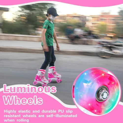 Miniatura 3 de Kids Roller Skates for Boys Girls, 4 Size Adjustable Kids Rollerskates with Light Up Wheels Roller Skates for Boys Girls Ages 5-8 8-12 Rosa