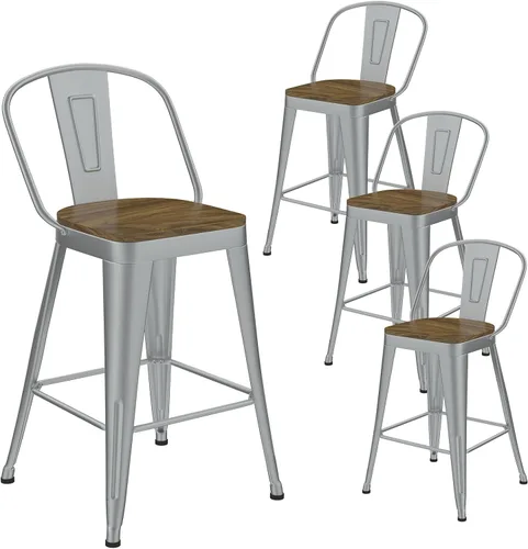 Miniatura 14 de Juego de 4 taburetes de bar de metal, taburetes de bar con respaldo alto con asiento de madera, taburetes de bar negros de 24 pulgadas para isla