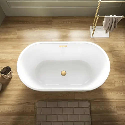 Miniatura 5 de WOODBRIDGE Bañera de acrílico independiente de 48 pulgadas, bañera contemporánea, acrílico blanco (drenaje dorado cepillado/desbordamiento)